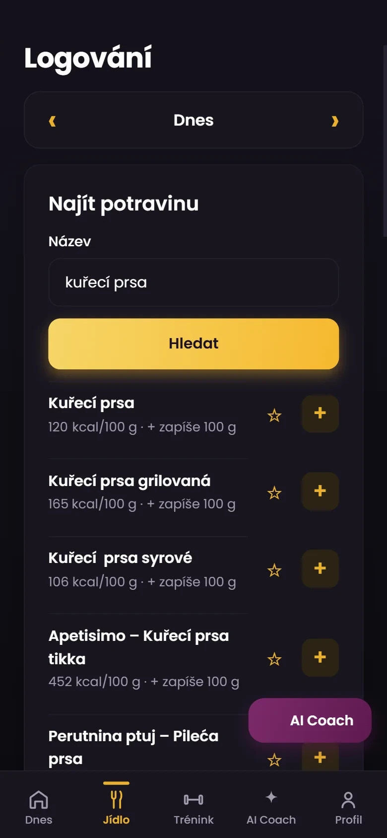 Vyhledávání potraviny v appce Tvůj Coach: zadaný název a výsledky s kaloriemi na 100 g.