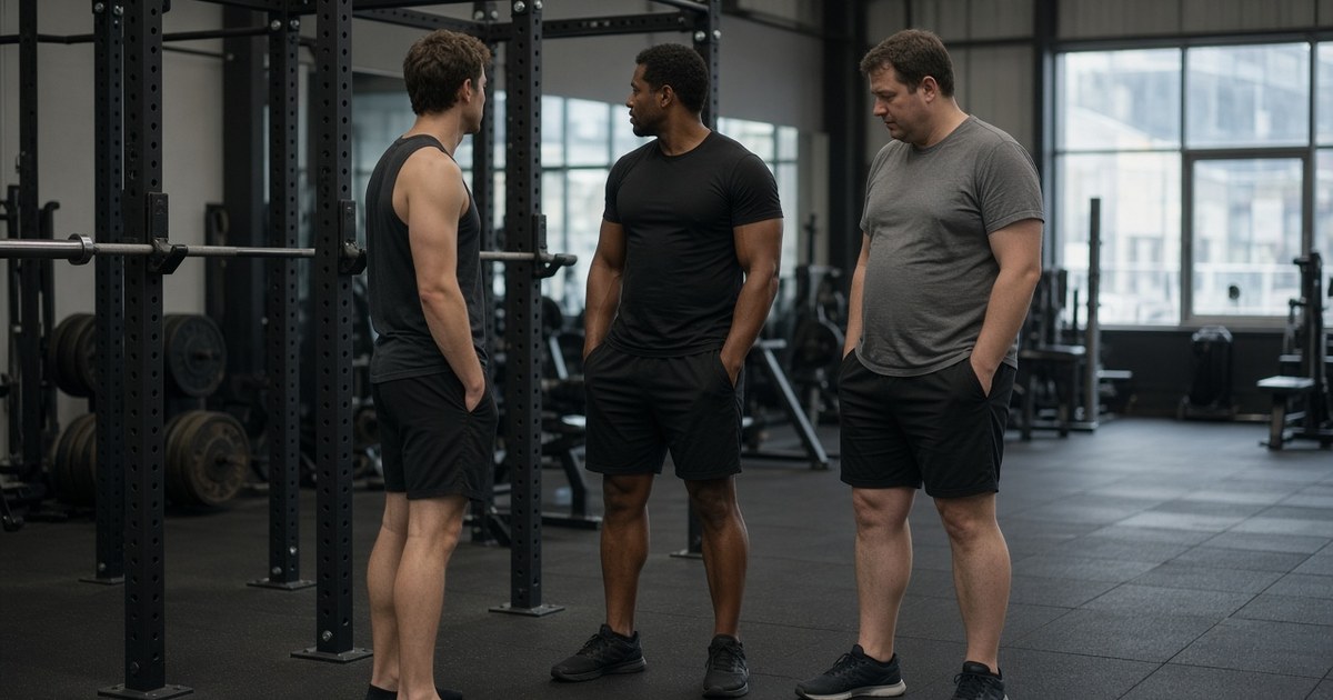 Three adults of different builds standing beside a squat rack in a gym