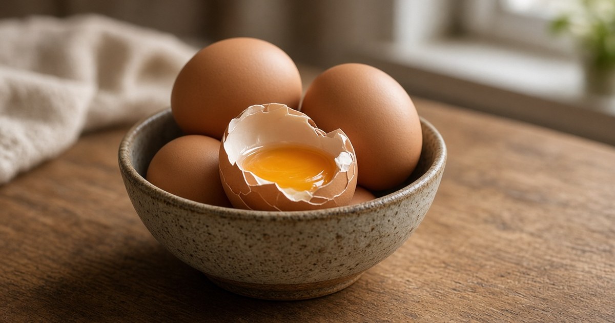 A bowl of boiled eggs and one cracked egg with a bright yolk on a wooden kitchen table