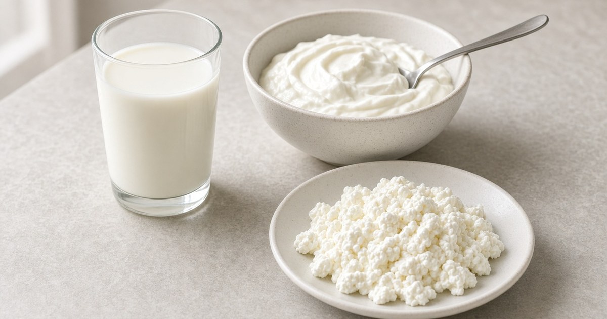 A glass of milk, a bowl of Greek yogurt, and cottage cheese on a kitchen counter