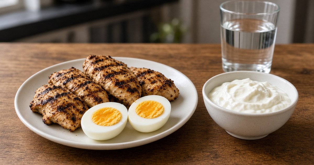 Grilled chicken, eggs, Greek yogurt, and a glass of water on a kitchen table