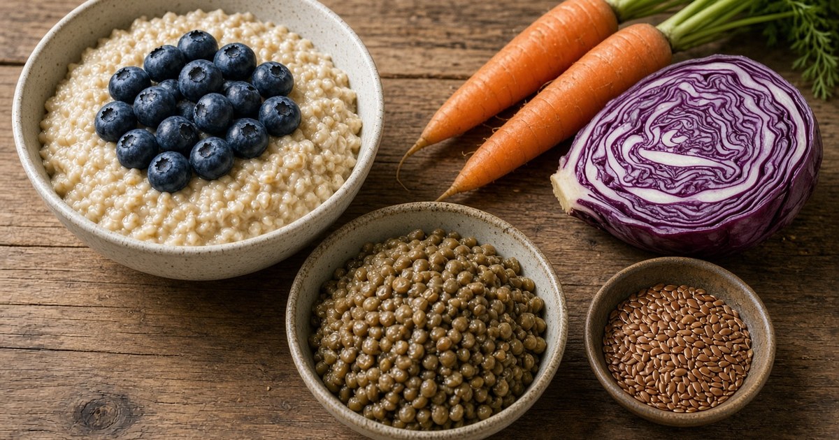 Oatmeal with blueberries, carrots, red cabbage, lentils, and flaxseed on a wooden table