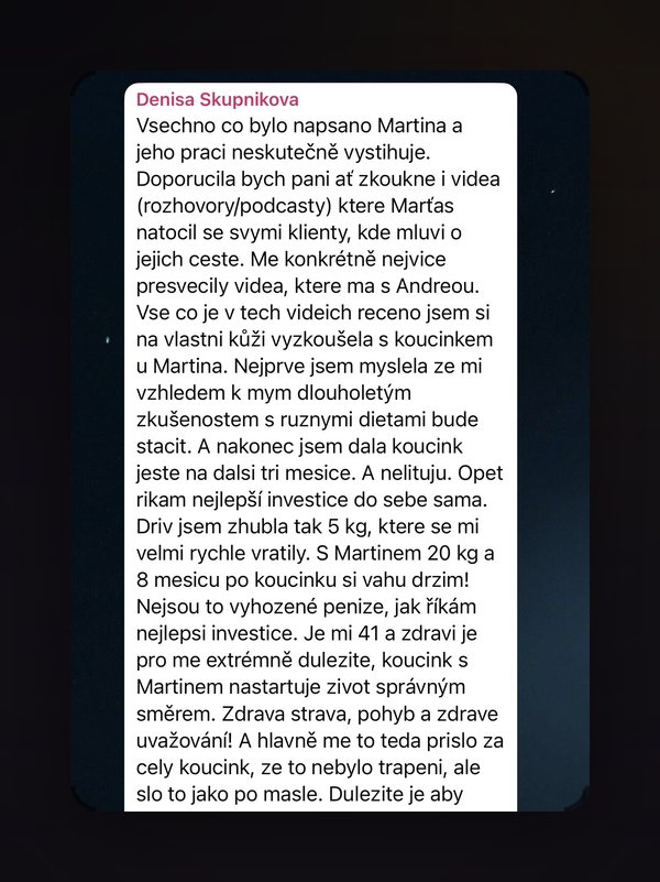 Snímek zprávy od klientky Denisy Skupníkové o výsledcích koučinku s Martinem Barnou